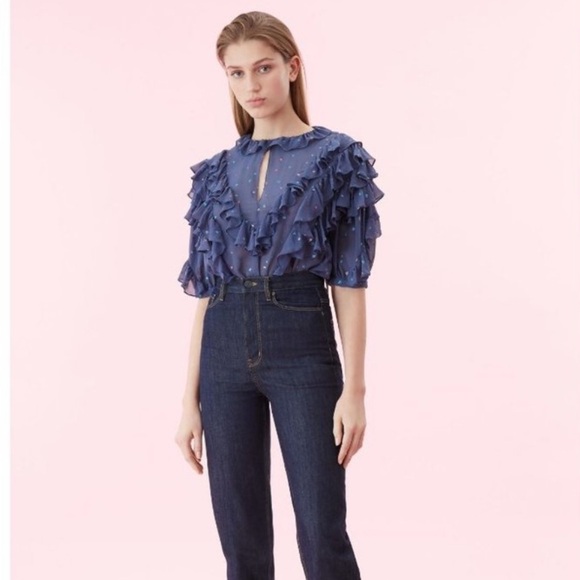 Rebecca Taylor | 100% Silk Glitter Gem Chiffon Ruffle Top Size 2 Dusty Navy Blue - Picture 1 of 8
